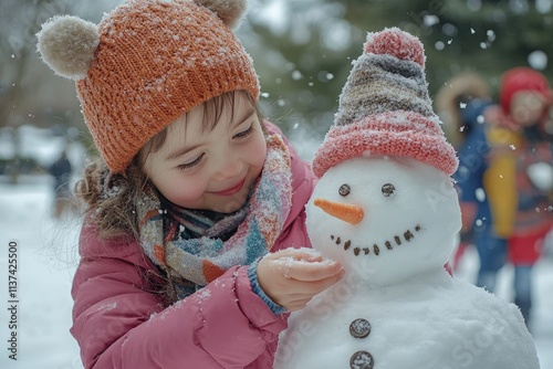 Smiling girl building a snowman in a snowy forest photo