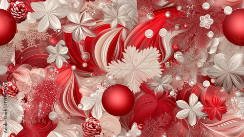 Background pattern with a holiday theme, in red and beige, Christmas balls, red and beige flowers, snowflakes, flowers photo