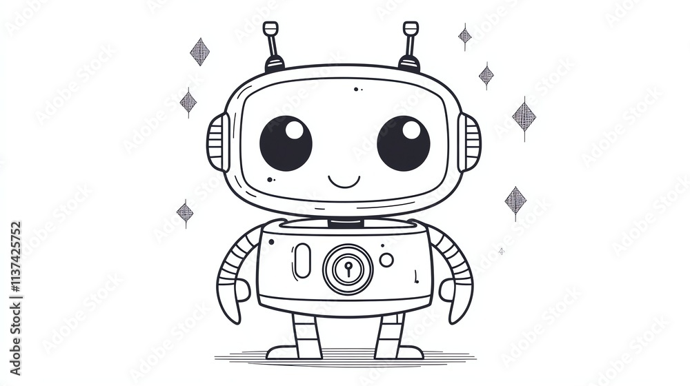A black and white line drawing of a cute robot with big eyes.