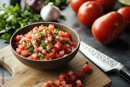 Preparing ingredients for salsa: diced tomatoes, onions, and cilantro in a bowl