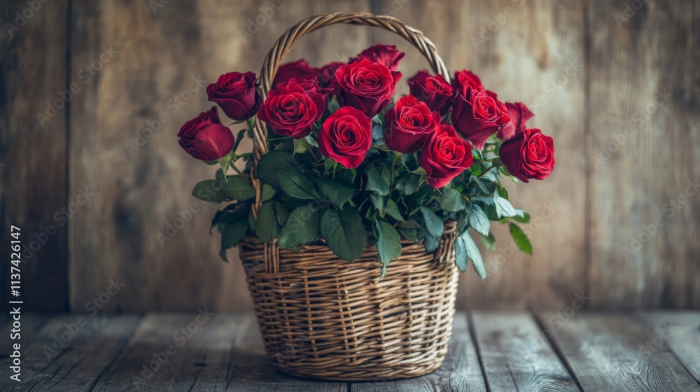 A wicker basket filled with a bouquet of deep red roses A wicker basket filled with a bouquet of deep red roses