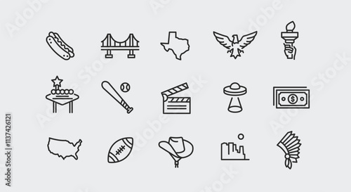 American Culture icons. Set of 15 American-themed trendy minimal icons. Hotdog, Golden Gate Bridge, Texas and others . Design signs for web page, mobile app, packaging design. Vector illustration