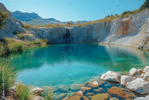 Fototapeta Naklejka Na Ścianę i Meble -  Serene turquoise lake surrounded by rocky cliffs under a clear blue sky