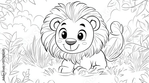 A black and white line drawing of a cute lion cub in a jungle setting. photo