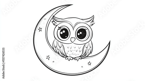 A black and white line drawing of an owl sitting on a crescent moon. photo