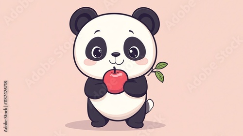 A cartoon panda bear holding an apple. photo