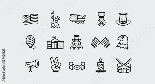 American Independence day icons. Set of 15 American-themed trendy minimal icons. Hotdog, Golden Gate Bridge, Texas, Eagle . Design signs for web page, mobile app, packaging design. Vector illustration