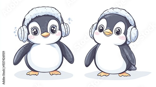 Two cute cartoon penguins wearing earmuffs.
