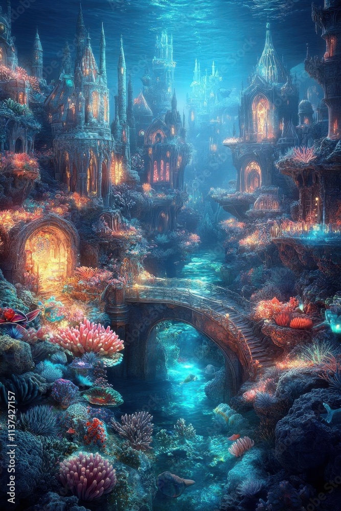 Obraz premium A vibrant underwater city filled with coral and illuminated structures.