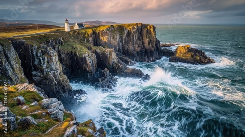 High-end photography of a picturesque coastal cliff with waves crashing against the rocks and a lighthouse in the distance