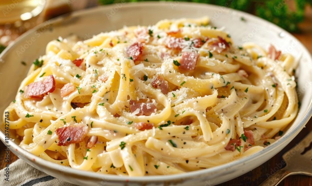 A delicious plate of creamy pasta with bacon and herbs.