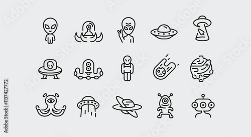 Alien icons. Set of 15 Alien trendy minimal icons. Example: UFO, alien waving, Saturn, alien spaceship, Ray gun. Design signs for web page, mobile app, packaging design. Vector illustration.