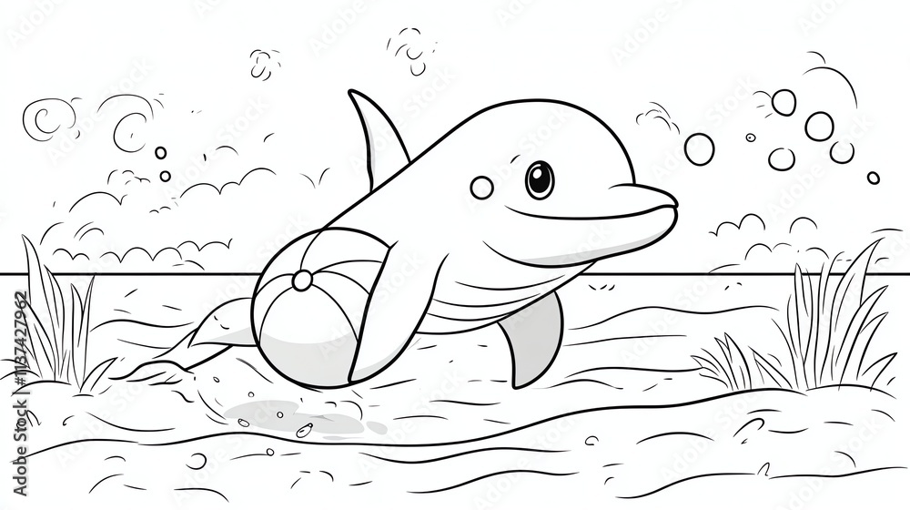 Obraz premium A black and white line drawing of a dolphin with a beach ball.