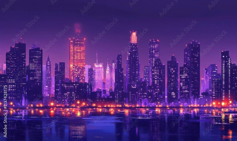 Obraz premium A vibrant city skyline at night, illuminated by colorful lights.