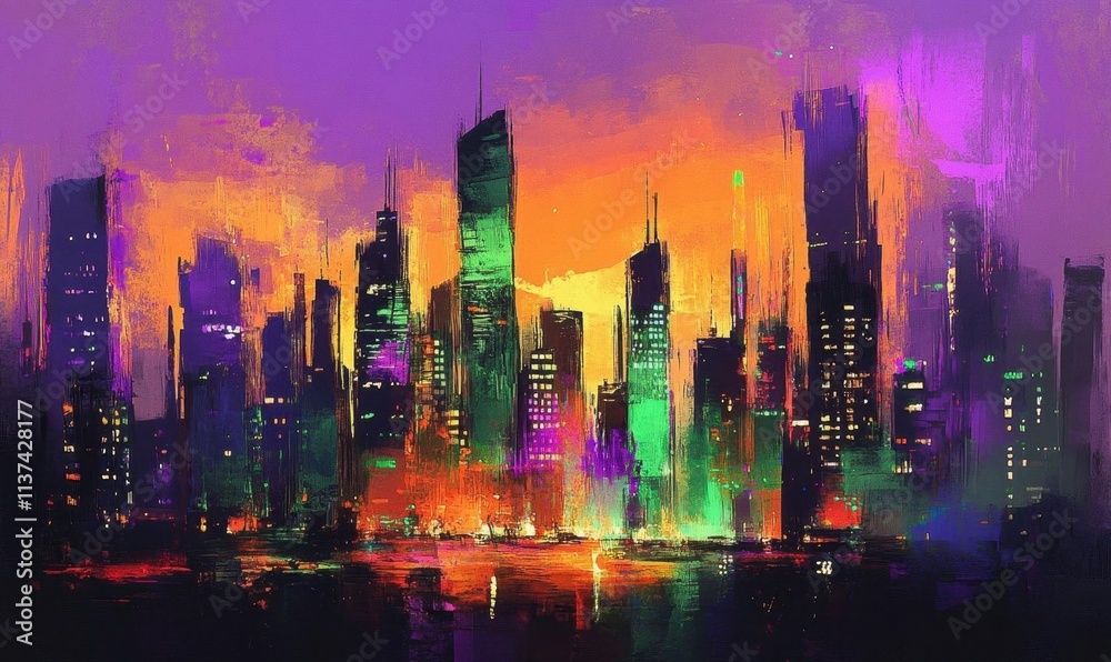 Abstract city skyline at sunset with vibrant colors and dynamic brushstrokes. Abstract city skyline at sunset with vibrant colors and dynamic brushstrokes.