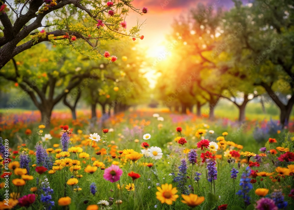 Fototapeta premium Bokeh Wildflower Meadow, Fruit Orchard, Natural Garden Photography