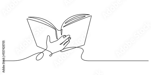 hand holding book one line drawing continuous copy space