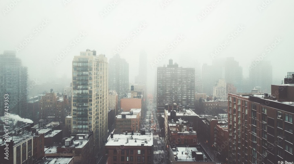 Obraz premium A foggy cityscape with buildings partially obscured by mist.