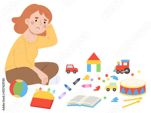 Illustration of mother looking at messy toys