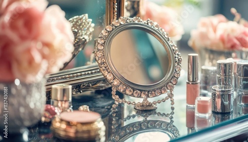 A vintage vanity setup with a mirror, cosmetics, and floral decor.