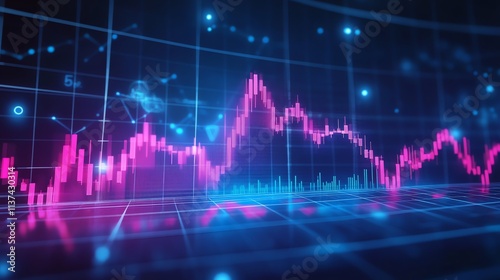 A stock market chart with a pink line going up and down.