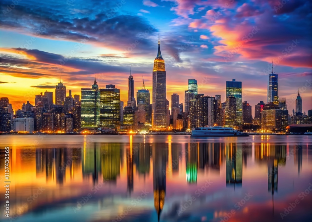 Obraz premium Breathtaking Skyline of New York City Captured from New Jersey's Perspective at Dusk, Showcasing Iconic Architecture and Vibrant City Lights Reflecting on the Water