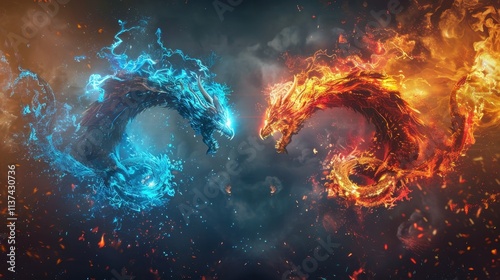 The abstract battle of ice and fire, a clash of frozen water waves vs fiery flame swirls in a flowing vs striking design with a nature-inspired backdrop.