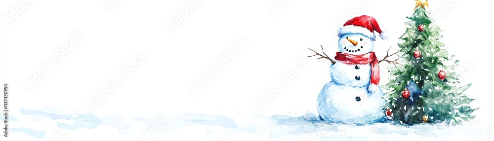 Snowman with scarf next to a decorated Christmas tree, white isolate background Snowman with scarf next to a decorated Christmas tree, white isolate background