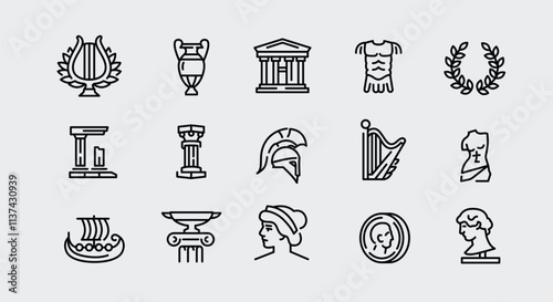 Ancient Greece icons. Set of 15 Ancient Greek trendy minimal icons. Ionic Column, Lyre, Greek Ship, Spartan Helmet. Design signs for web page, mobile app, packaging design. Vector illustration