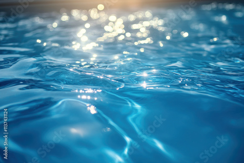 Sparkling blue water surface with sun reflection.