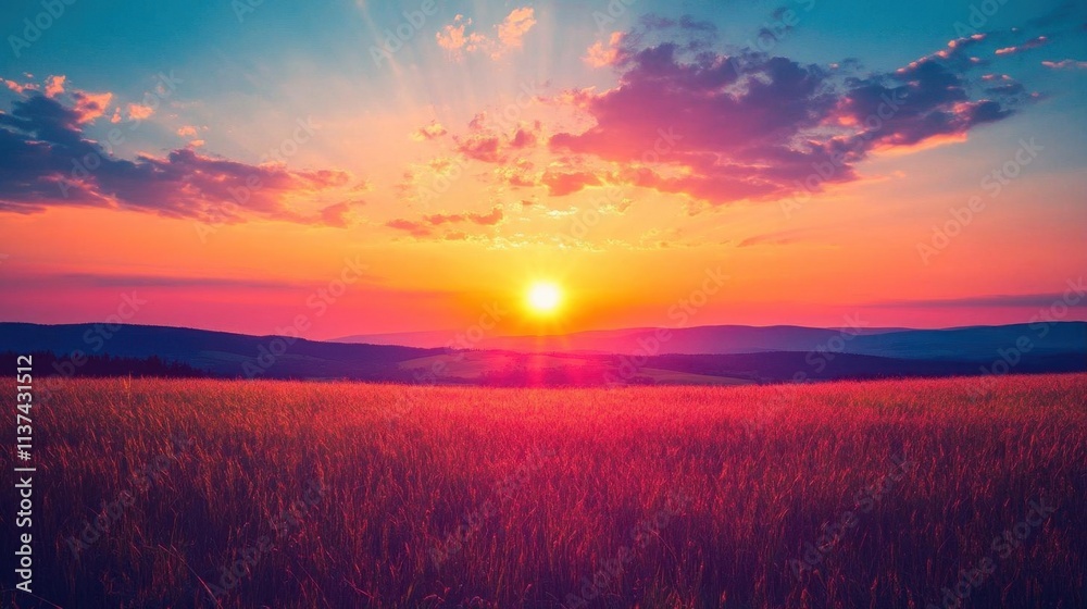 A vibrant sunset over rolling hills and a grassy field. A vibrant sunset over rolling hills and a grassy field.