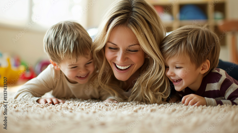 Mother laughing with two kids on carpeted floor at home Mother laughing with two kids on carpeted floor at home