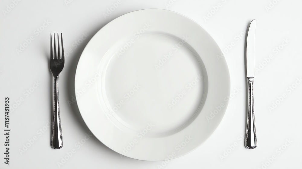White plate, fork and knife on a white background. White plate, fork and knife on a white background.