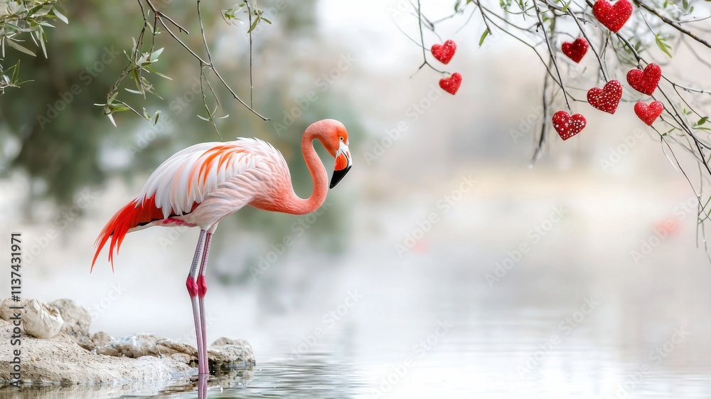 Fototapeta premium Valentine flamingo love concept. Elegant flamingo by water with heart decorations in the background.