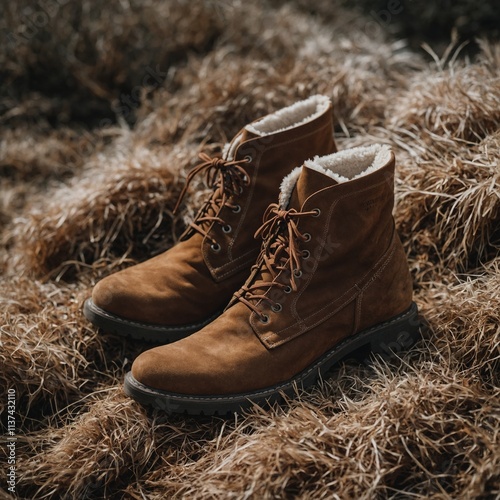 Suede ankle boots on a fur-lined surface.