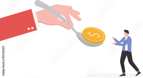 Spoon feeds gold coins money to open mouth, money eaters, money greedy people
