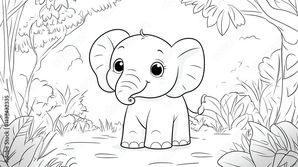 A cute baby elephant in a jungle setting, ready to be colored in. A cute baby elephant in a jungle setting, ready to be colored in.