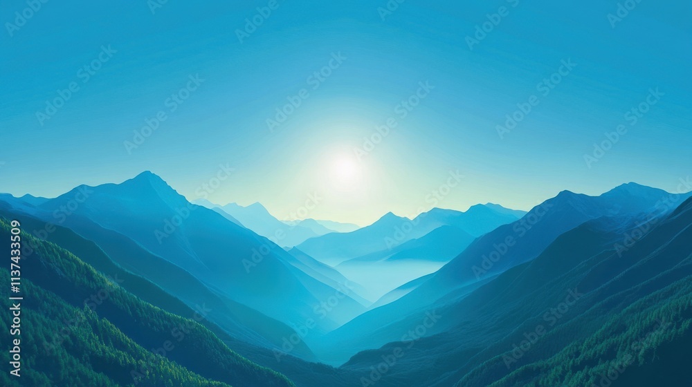 Serene mountain landscape with a bright sun illuminating the valleys.