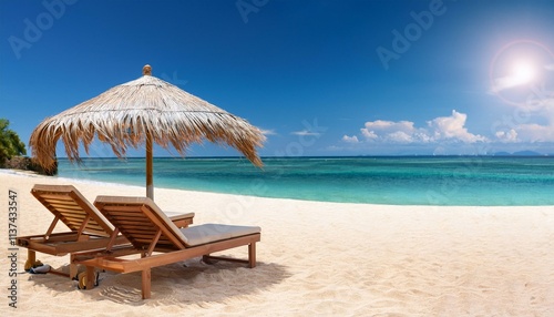 Summer Bliss: Relaxing Beach Scene with Wooden Loungers, Parasols, and Clear Blue Skies