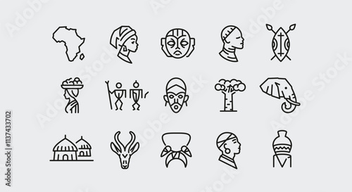 Africa icons. Set of 15 trendy minimal icons. Example: map, traditional mask, tribal figures, drum, woman with headwrap. Design signs for web page, mobile app, packaging design. Vector illustration.