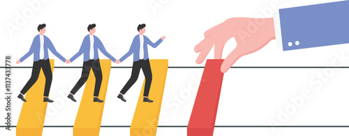 Isometric hand holding wooden blocks to build a wooden bridge helping a group of small businessmen to cross a ravine,
