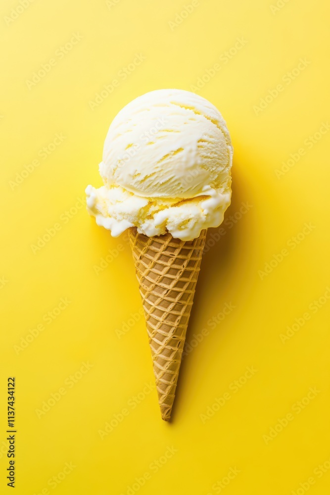 A scoop of vanilla ice cream on a waffle cone against a yellow background. A scoop of vanilla ice cream on a waffle cone against a yellow background.