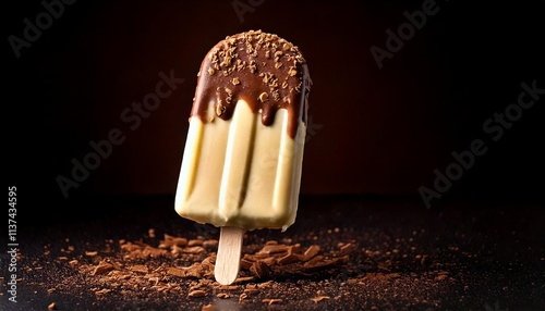 Vanilla ice cream in the form of a stick with a thick, shiny chocolate