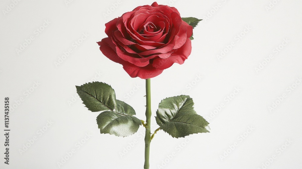 Naklejka premium A Single Red Artificial Rose with Green Leaves
