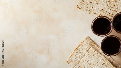 A thoughtful Passover scene with matzah and wine cups on a simple, traditional beige background, macro shot photo