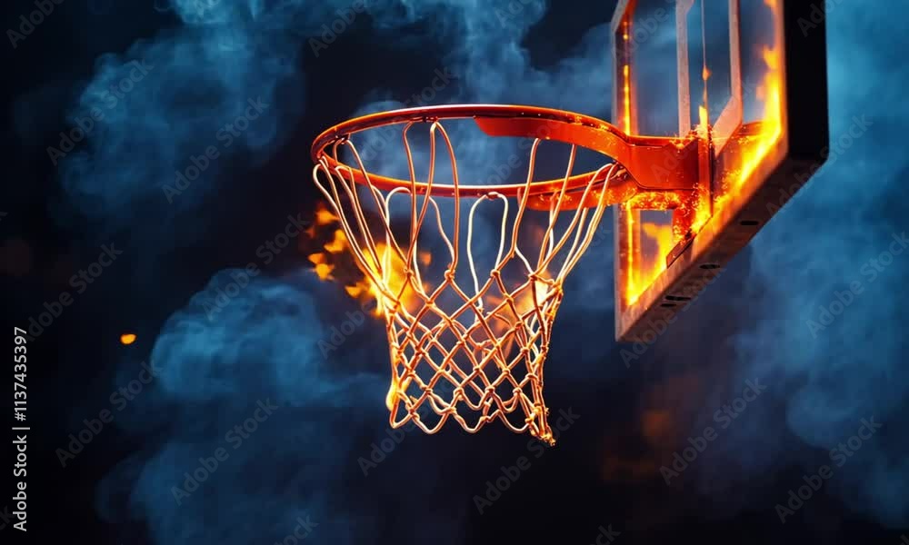 A glowing basketball hoop surrounded by sparks and smoke, emphasizing the sport's energy. A glowing basketball hoop surrounded by sparks and smoke, emphasizing the sport's energy.