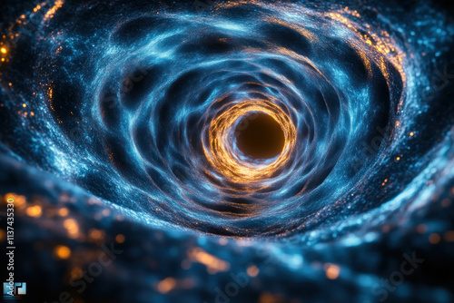 Swirling blue and gold energy vortex tunnel with black hole.