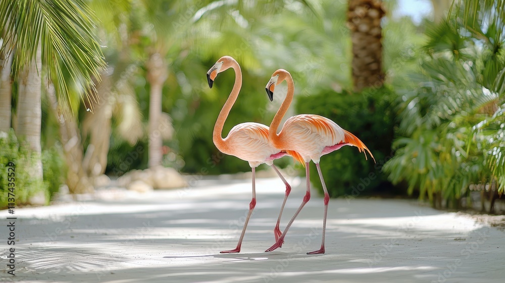 Fototapeta premium Valentine flamingo love concept. Two elegant flamingos walking on a tropical pathway surrounded by greenery.