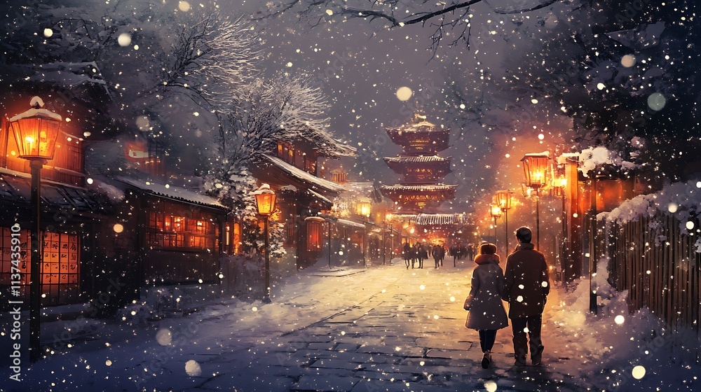 Obraz premium Romantic Couple Walking Through a Snow Covered Japanese Village at Night A Perfect Winter Wonderland Scene for Holiday Cards,Romantic Stories