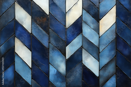 Blue and white herringbone tile pattern.